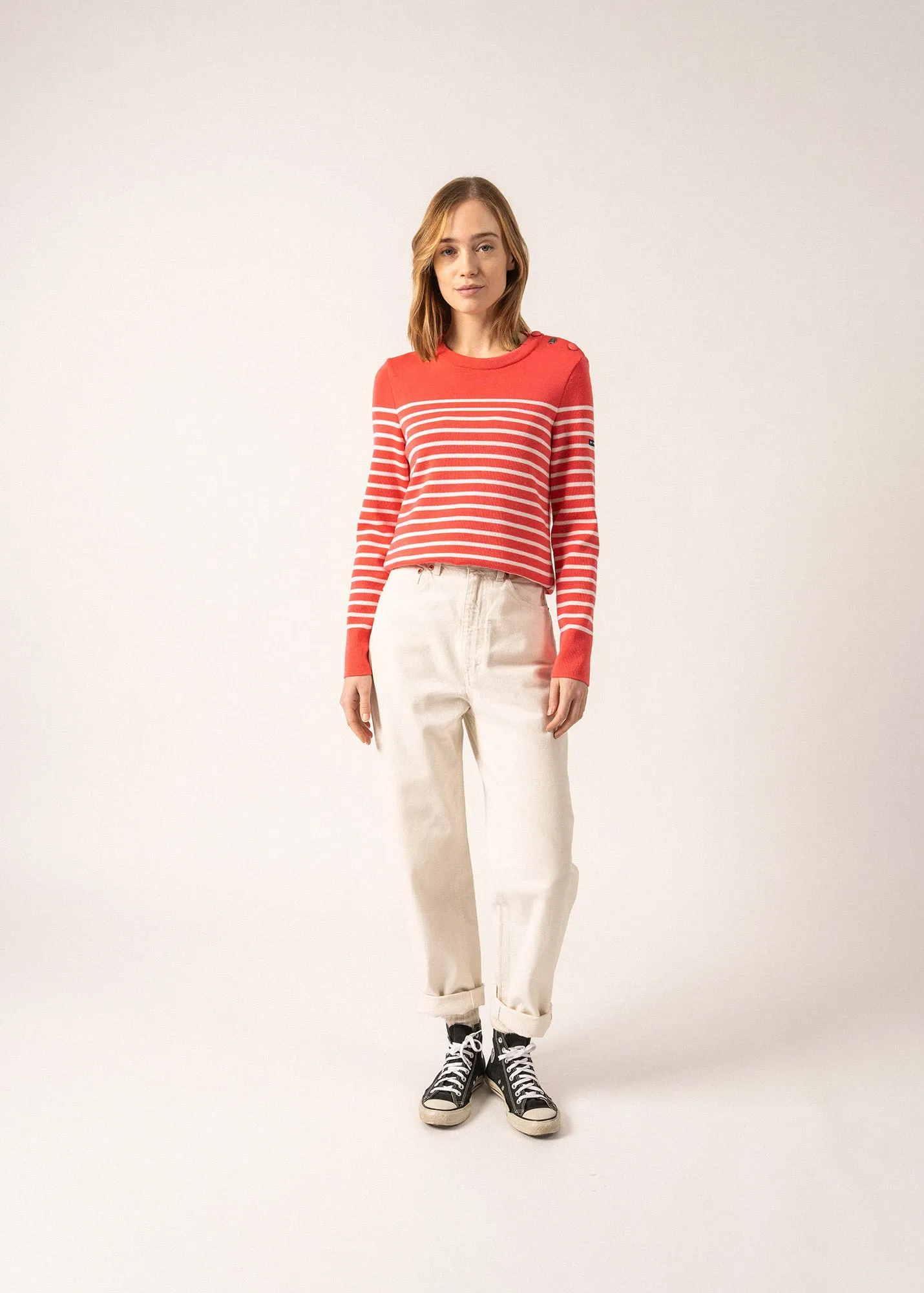 Bregançon striped sailor jumper - solid elbow patches, in wool (DOLY/BLANC)