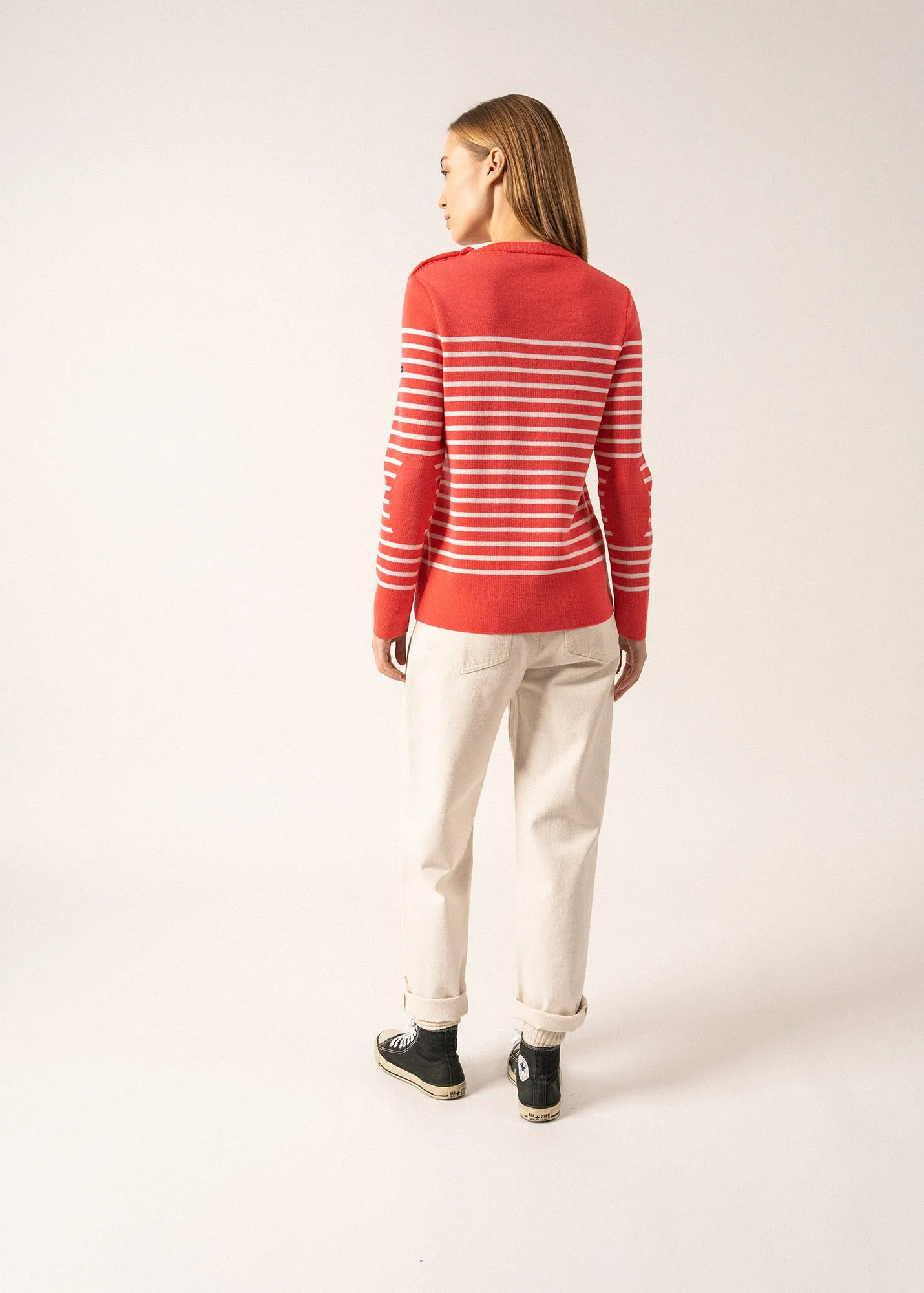 Bregançon striped sailor jumper - solid elbow patches, in wool (DOLY/BLANC)