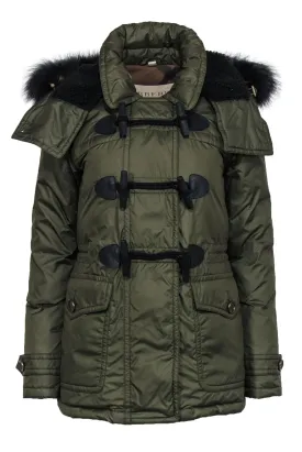 Burberry Brit - Olive Zip-Up Hooded Puffer Coat w/ Toggles & Faux Fur Trim Sz S