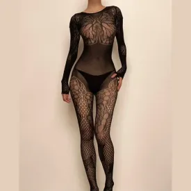 Butterfly pattern fishnet long sleeve solid jumpsuit