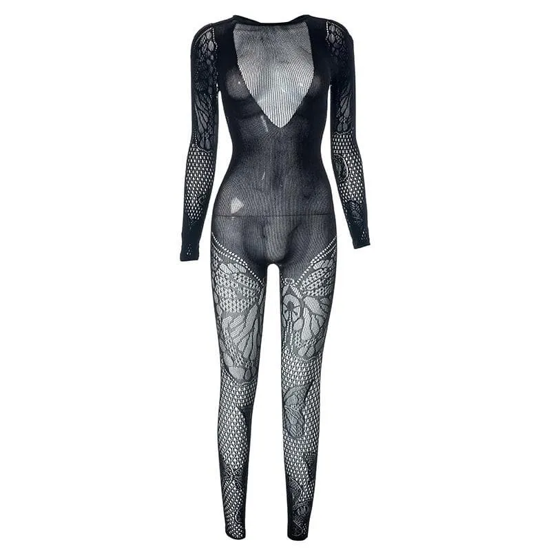 Butterfly pattern fishnet long sleeve solid jumpsuit