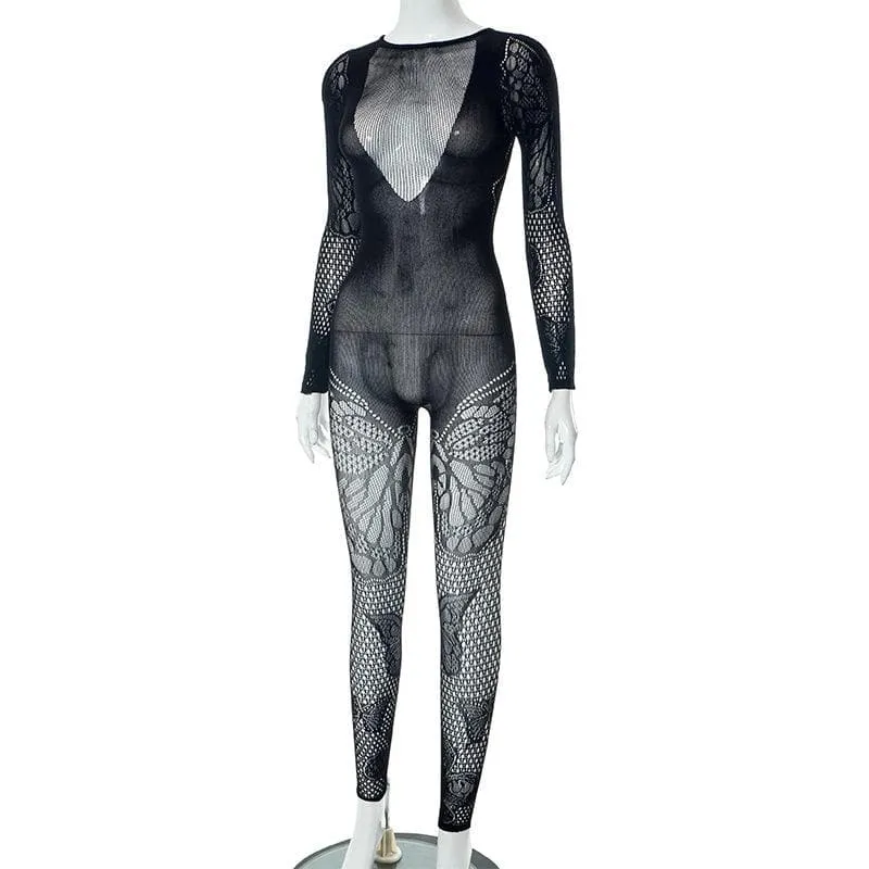 Butterfly pattern fishnet long sleeve solid jumpsuit