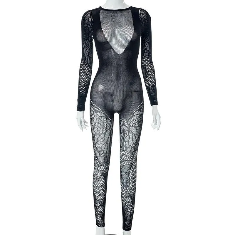 Butterfly pattern fishnet long sleeve solid jumpsuit