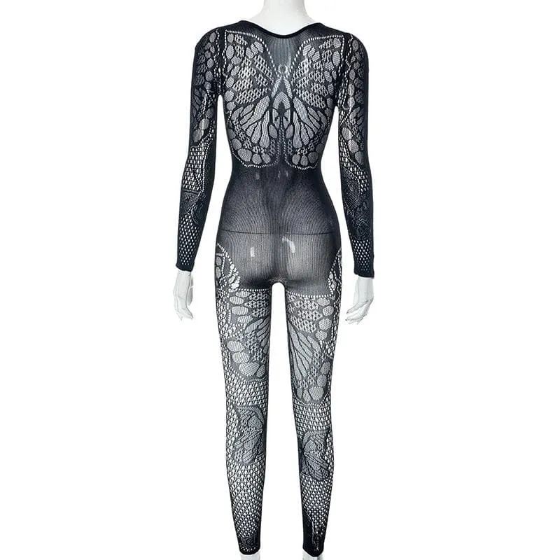 Butterfly pattern fishnet long sleeve solid jumpsuit