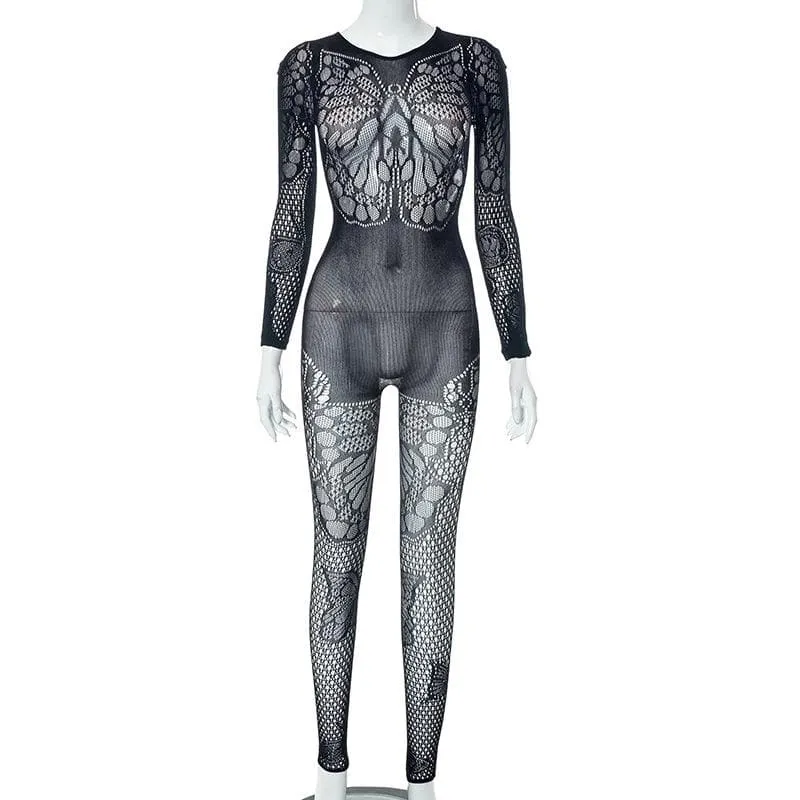 Butterfly pattern fishnet long sleeve solid jumpsuit