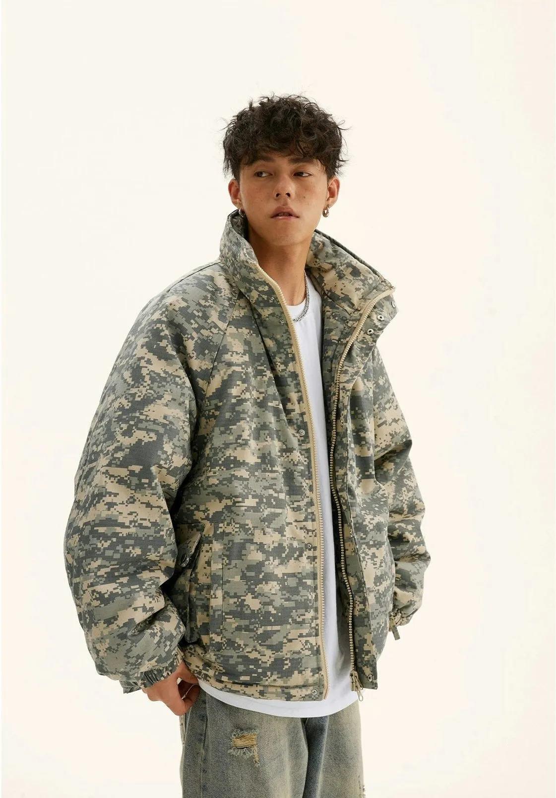 Camo Print Mock-Neck Puffer Jacket