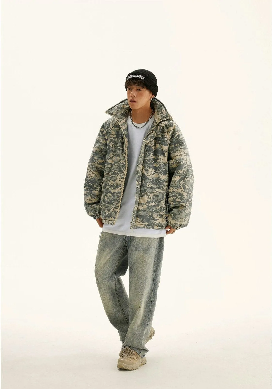 Camo Print Mock-Neck Puffer Jacket