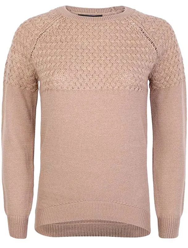 Carnation Knitted Jumper with Cross Stitch Gold Lurex Panel in Natural Stone - Amara Reya