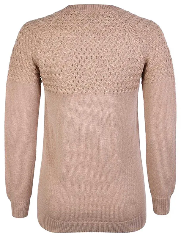 Carnation Knitted Jumper with Cross Stitch Gold Lurex Panel in Natural Stone - Amara Reya