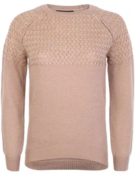 Carnation Knitted Jumper with Cross Stitch Gold Lurex Panel in Natural Stone - Amara Reya