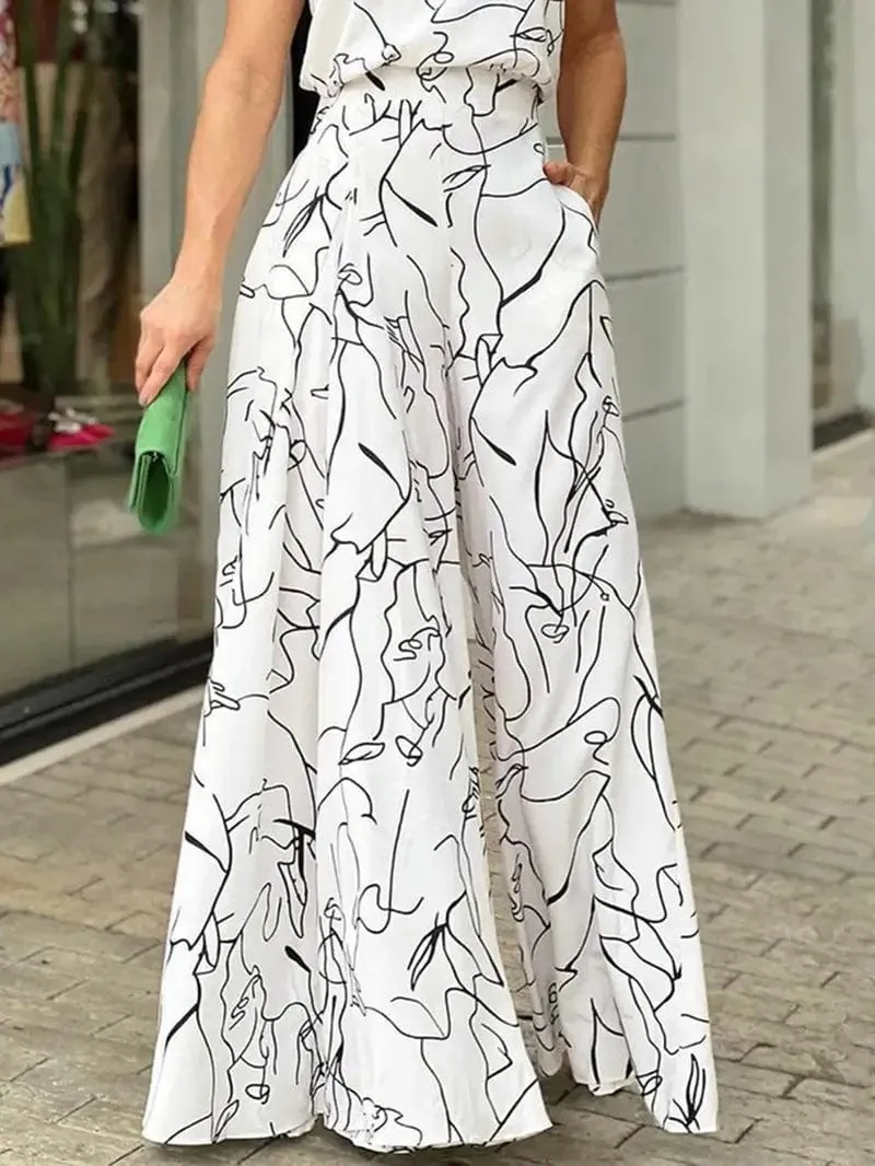 Casual Printed Halter Sleeveless High Waist Wide Leg Jumpsuit