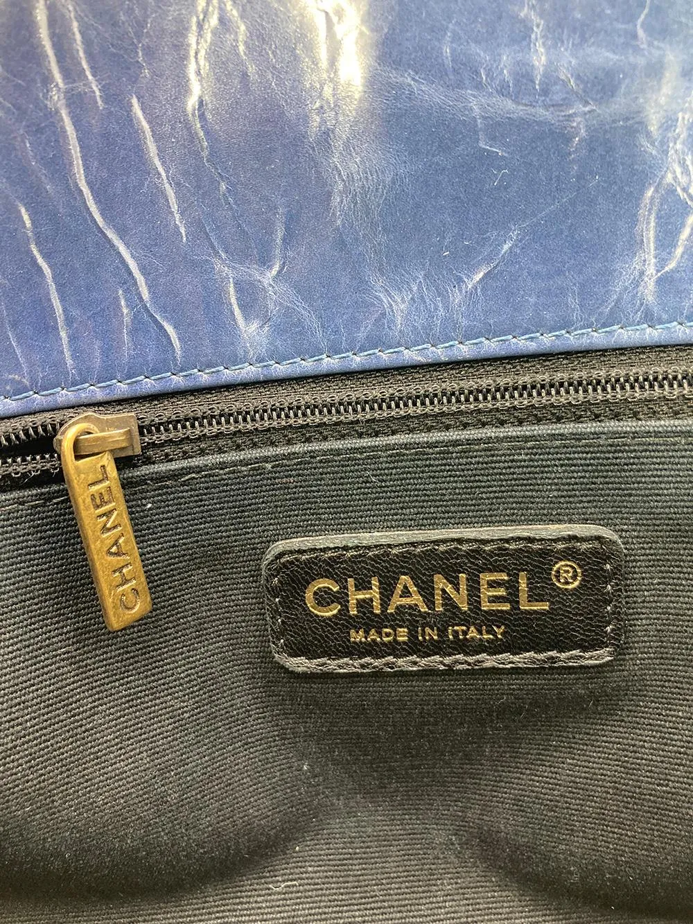 CHANEL Blue Glazed Calfskin Quilted Tote Bag