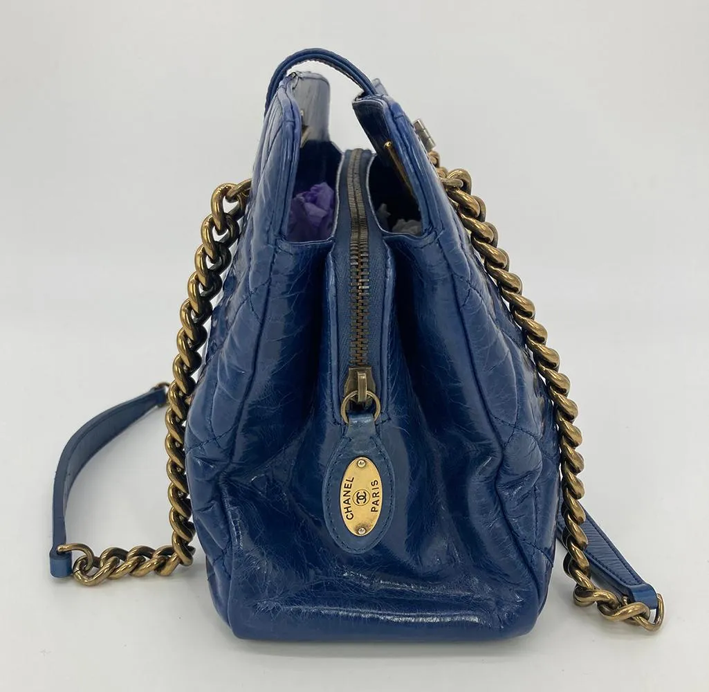 CHANEL Blue Glazed Calfskin Quilted Tote Bag