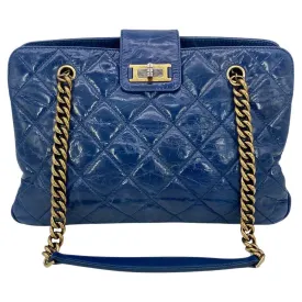 CHANEL Blue Glazed Calfskin Quilted Tote Bag