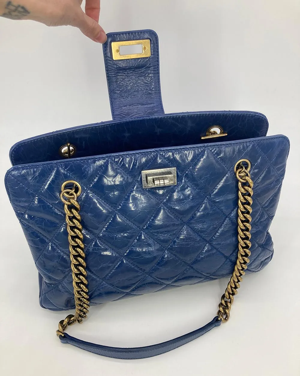 CHANEL Blue Glazed Calfskin Quilted Tote Bag