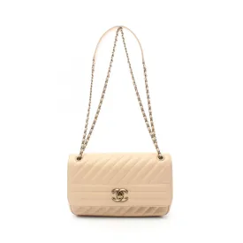 CHANEL Diagonal Quilted Flap Shoulder Bag, Goatskin, Women's, Beige