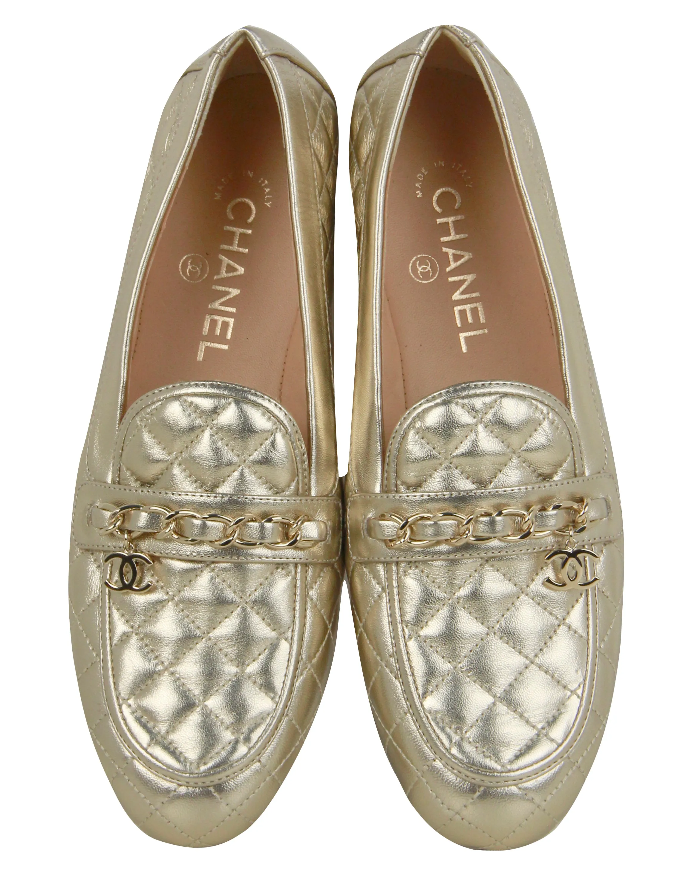 Chanel Gold Lambskin Quilted Chain CC Loafers sz 39C