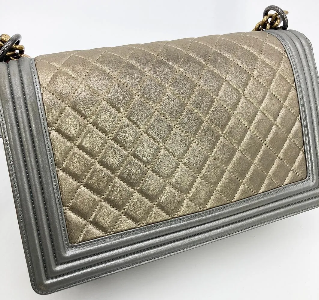 CHANEL Gold Silver Leather Medium Boy Bag Classic New