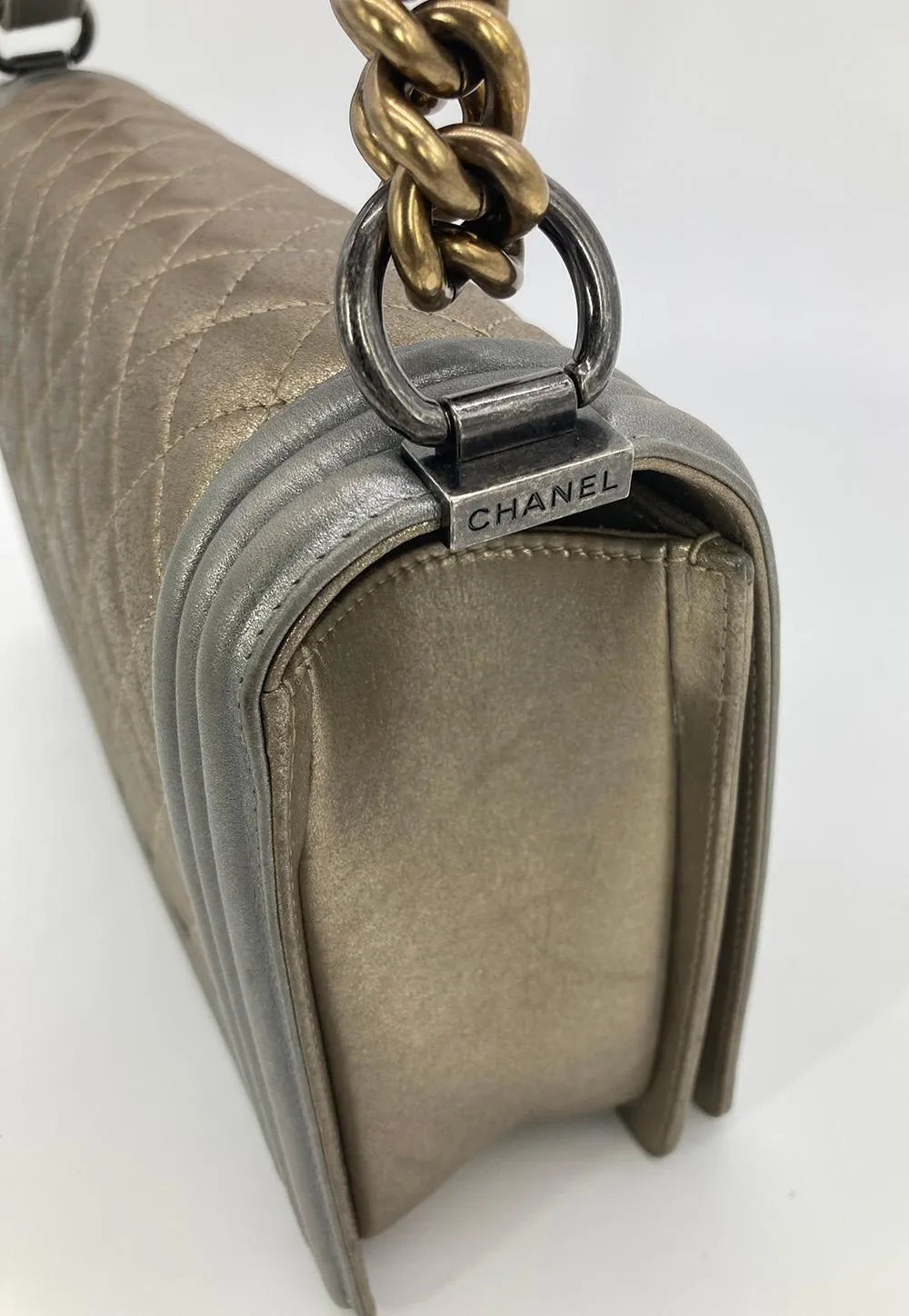 CHANEL Gold Silver Leather Medium Boy Bag Classic New