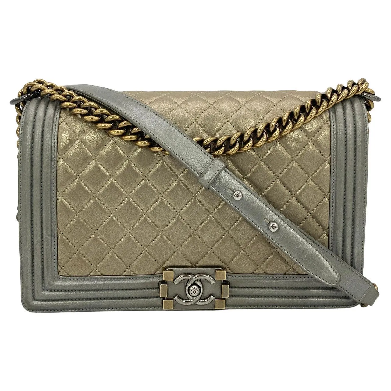 CHANEL Gold Silver Leather Medium Boy Bag Classic New