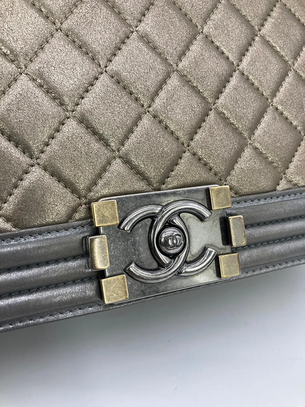 CHANEL Gold Silver Leather Medium Boy Bag Classic New