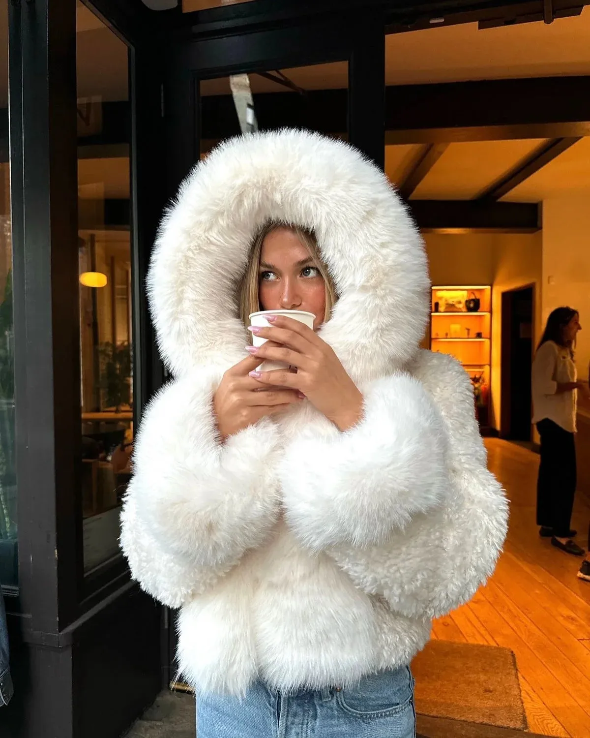 christmas outfit Sonicelife Chic White Women's Cropped Faux Fur Jacket With Hood Fashion Thick Warm Fluffy Plush Short Coat Winter Thermal Female Streetwear