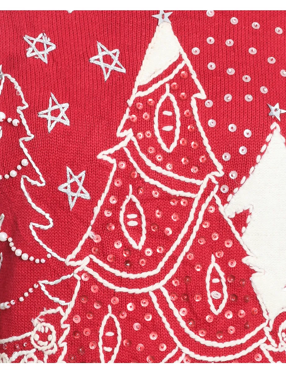 Christmas Tree Design Red & White Sequined Jumper - M