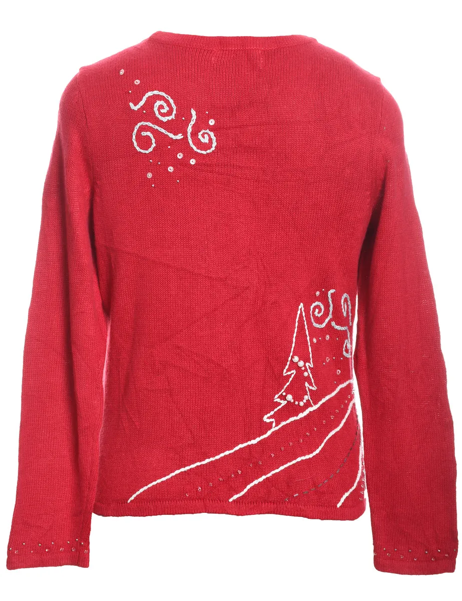 Christmas Tree Design Red & White Sequined Jumper - M