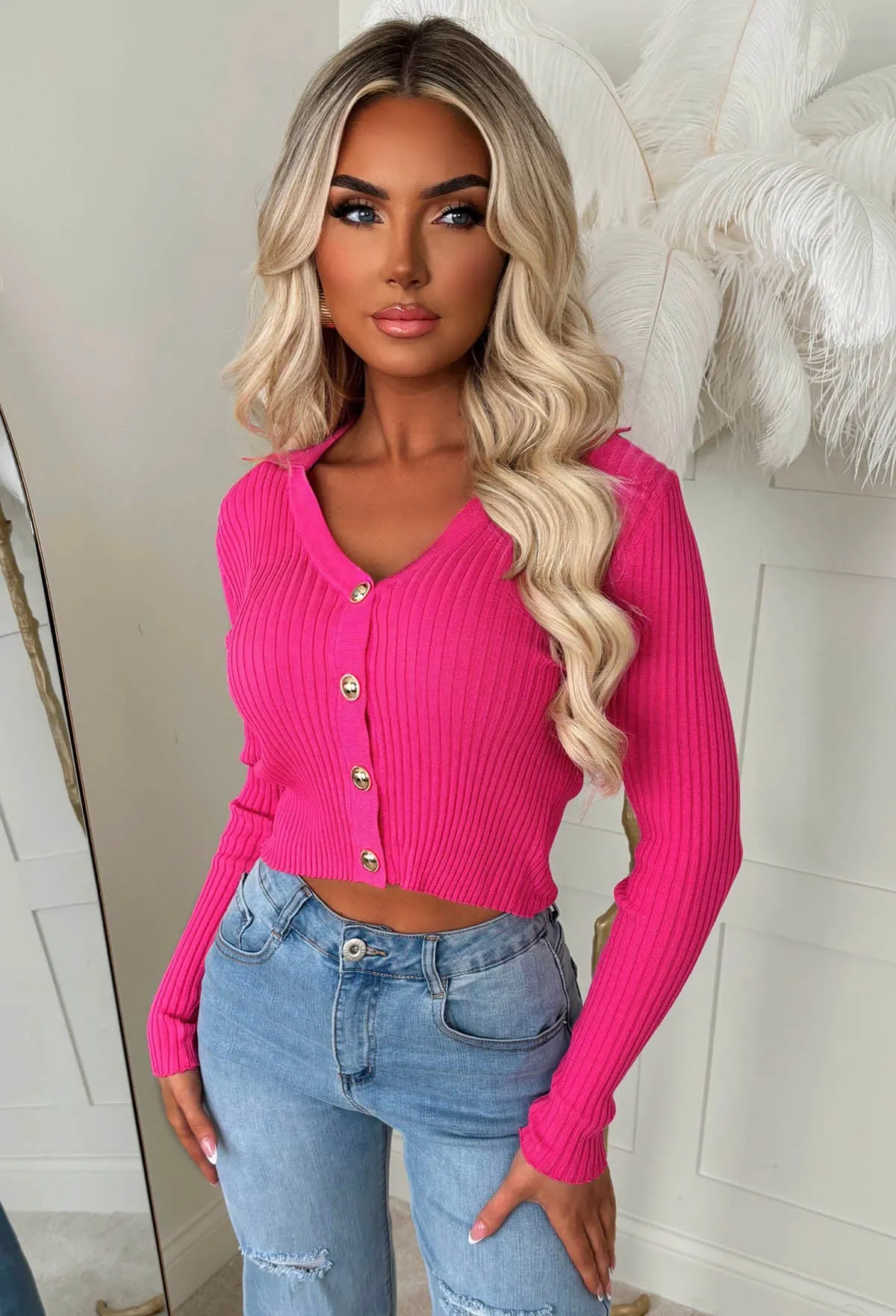 Classic Couture Hot Pink Rib Knit Press Buttons V-Neck Jumper