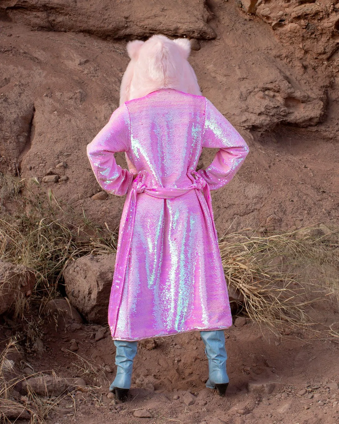 Classic Women's Long Sequin Coat | Pink Disco Cat