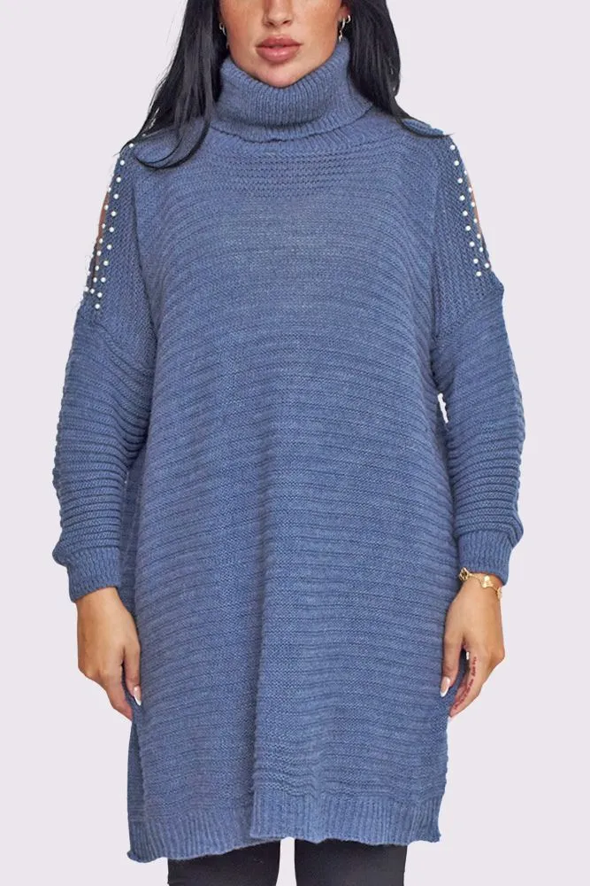 Cold Shoulder Pearl Design Knit Style Oversized Jumper