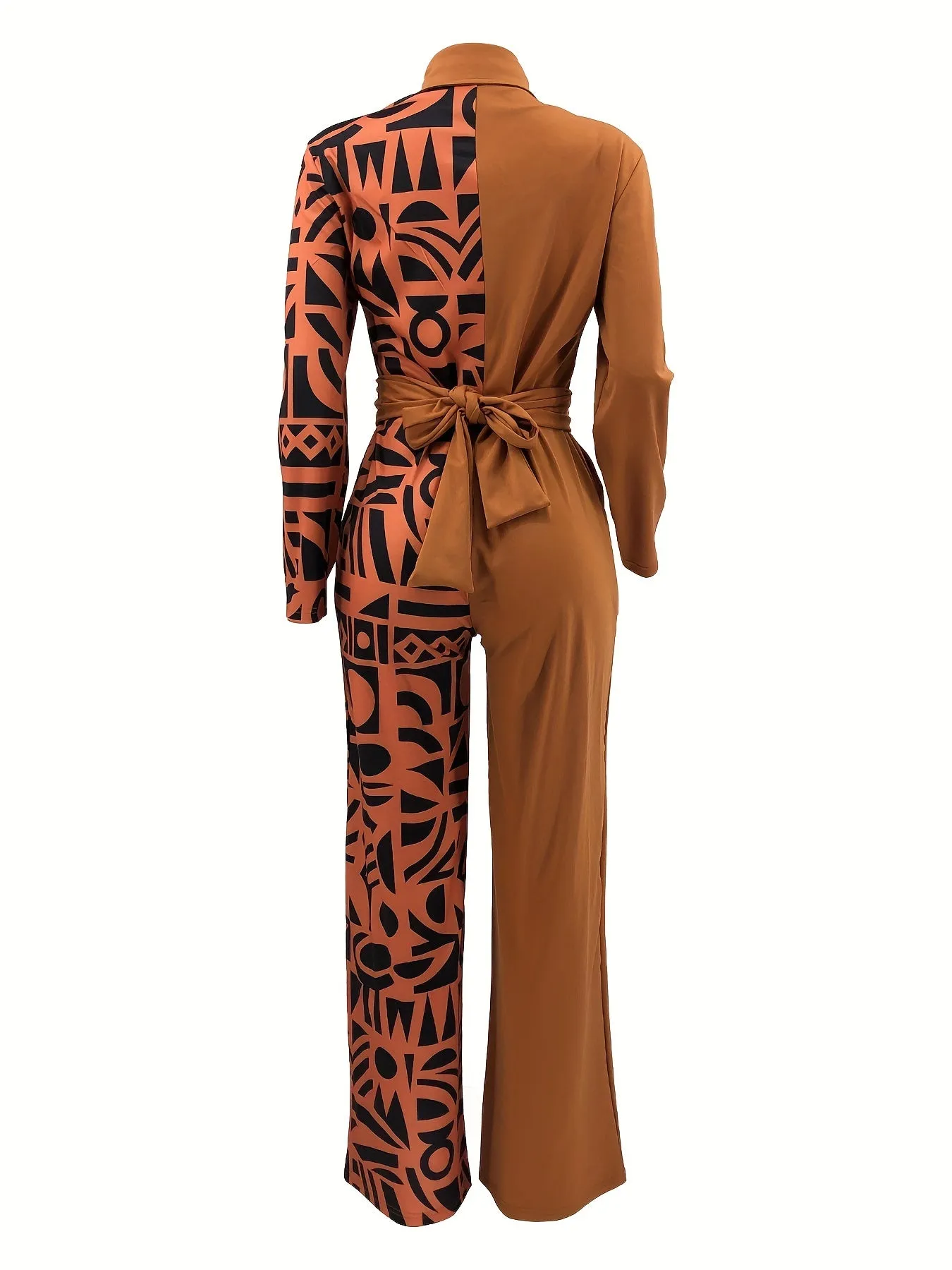 Contrast Geometric Print Belted Wide Leg Jumpsuit