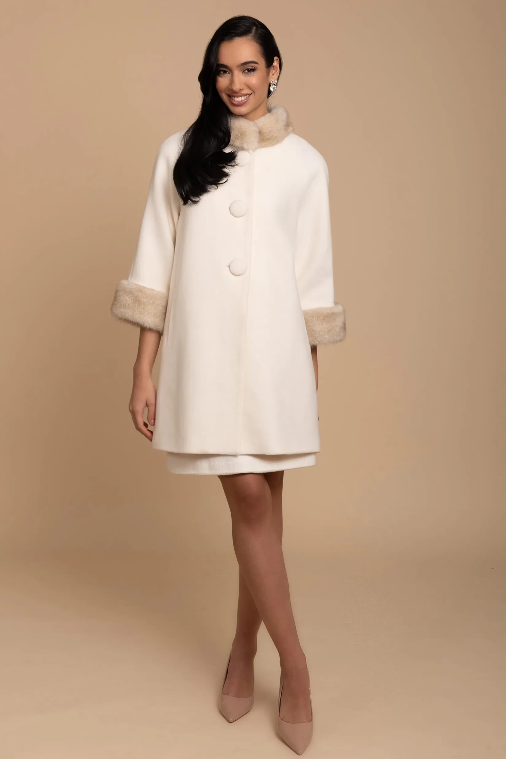 'Demure' Italian Virgin Wool and Cashmere Coat with Faux Mink