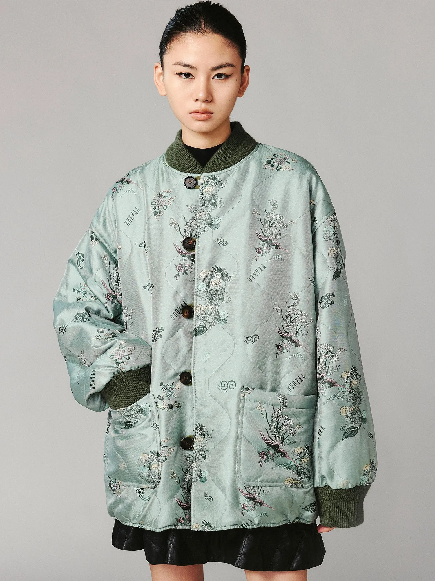 Dragon and phoenix jacquard reversible M65 inner puffer jacket