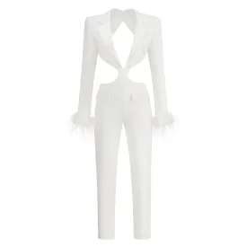 Edge Lapel Collar Cutout Feather Trim Long Sleeve Padded Backless Blazer Jumpsuit