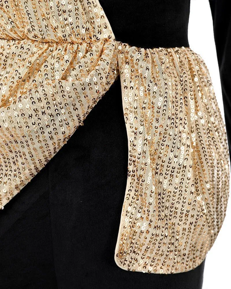 Elegant Black and Gold Sequin-Embellished High Waisted Jumpsuit