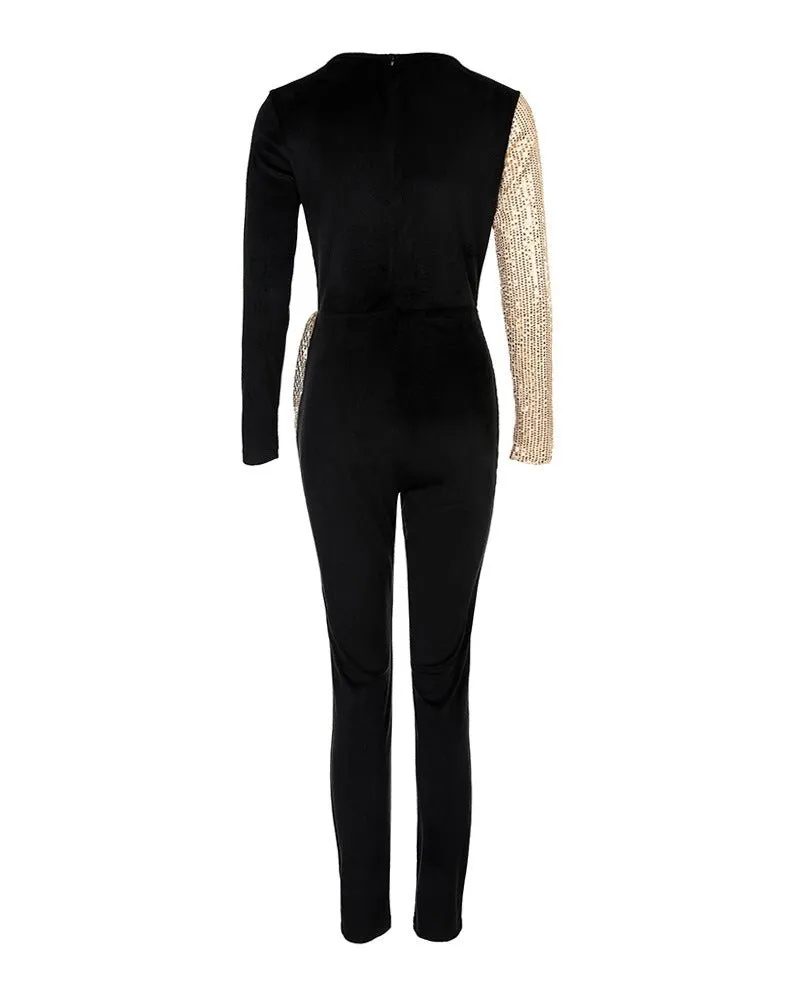 Elegant Black and Gold Sequin-Embellished High Waisted Jumpsuit