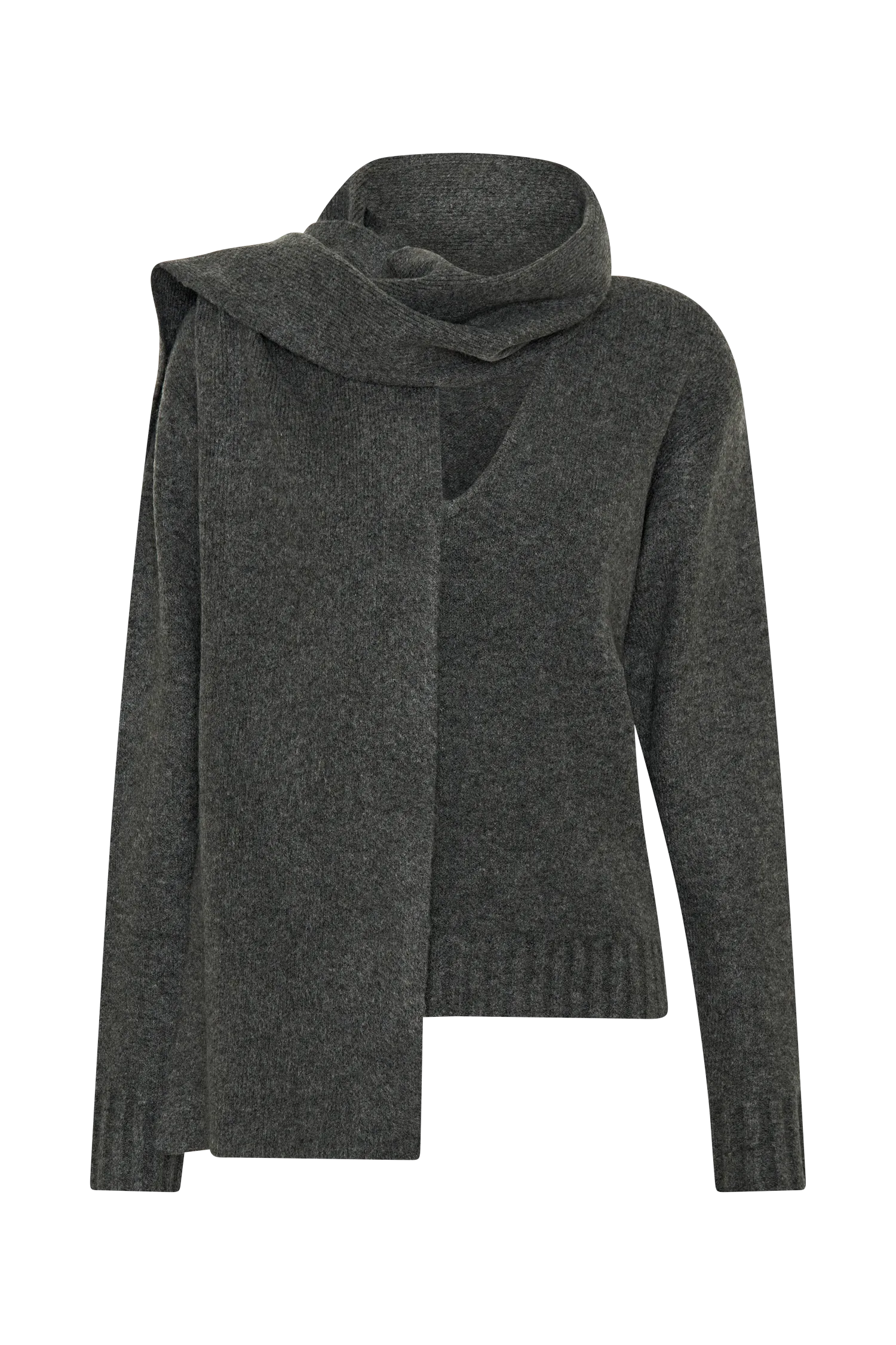 Ella V Neck Knit Jumper With Scarf - Charcoal Marle