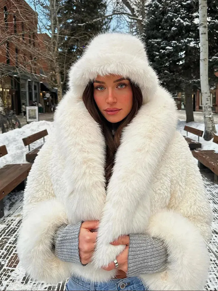 Fashionkova Christmas Gift Outfit  Elegant White Hooded Full Sleeves Short Faux Fur Coat Fashion Solid Color Warm Fluffy Jacket New Winter Woman Streetwear