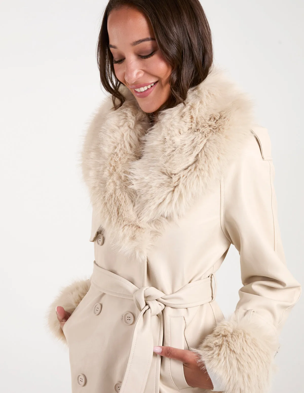 Faux Fur Trim Double Breasted PU Coat