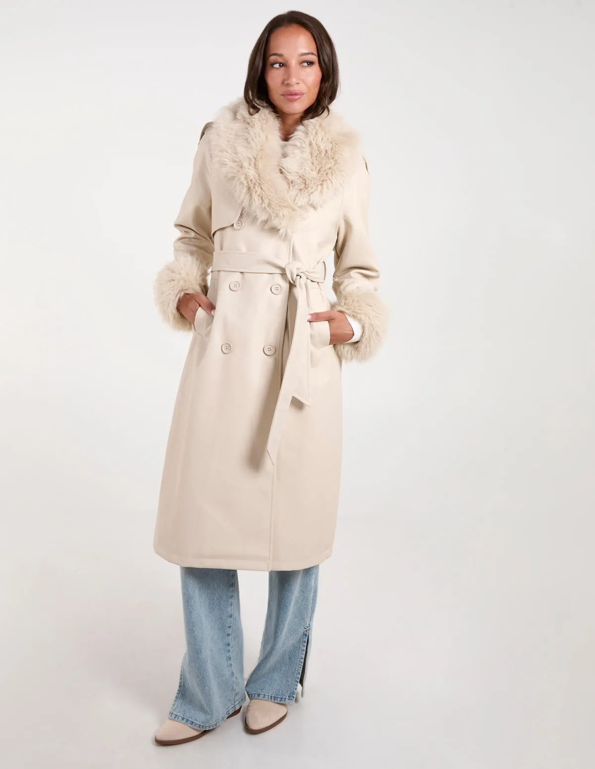 Faux Fur Trim Double Breasted PU Coat