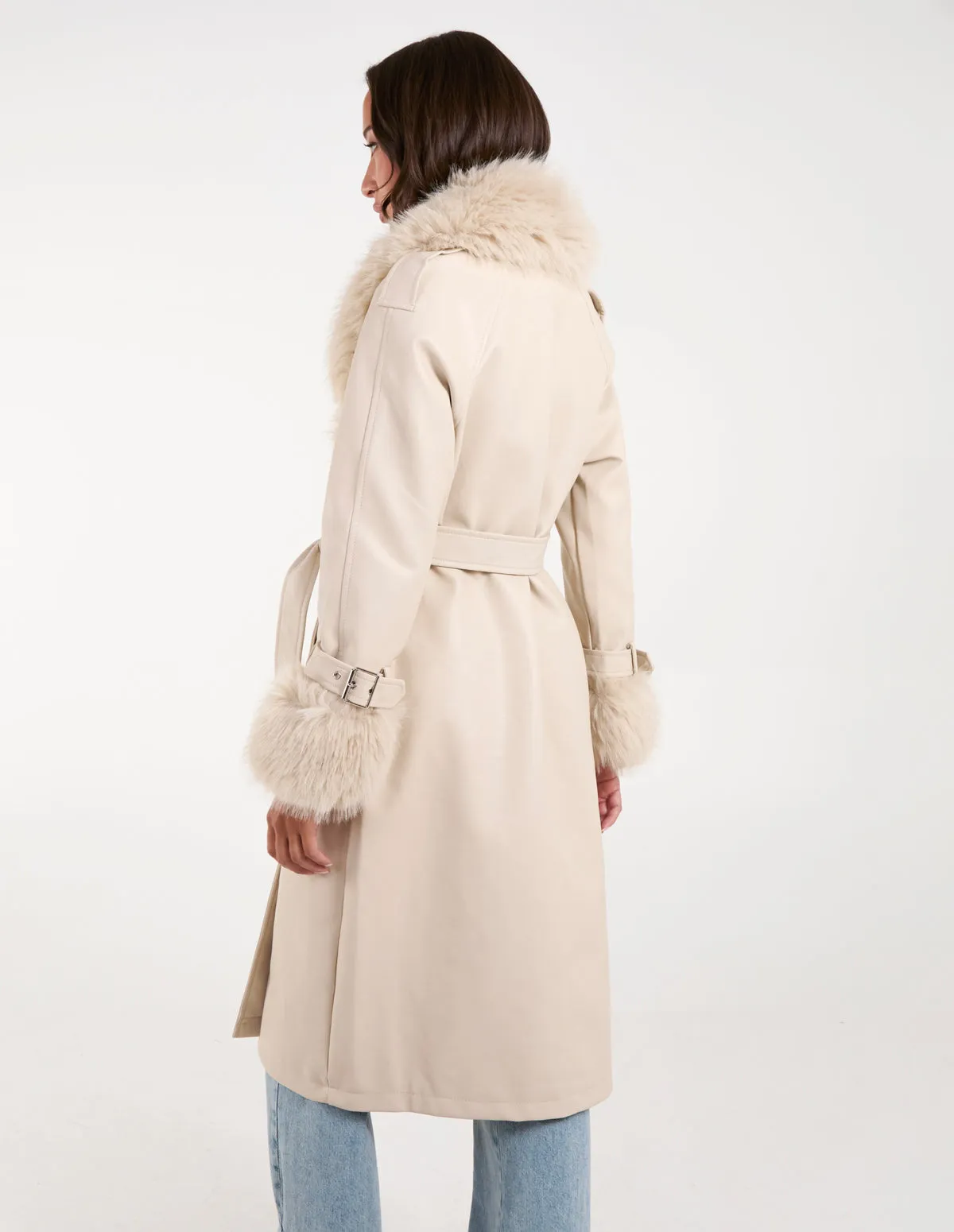 Faux Fur Trim Double Breasted PU Coat