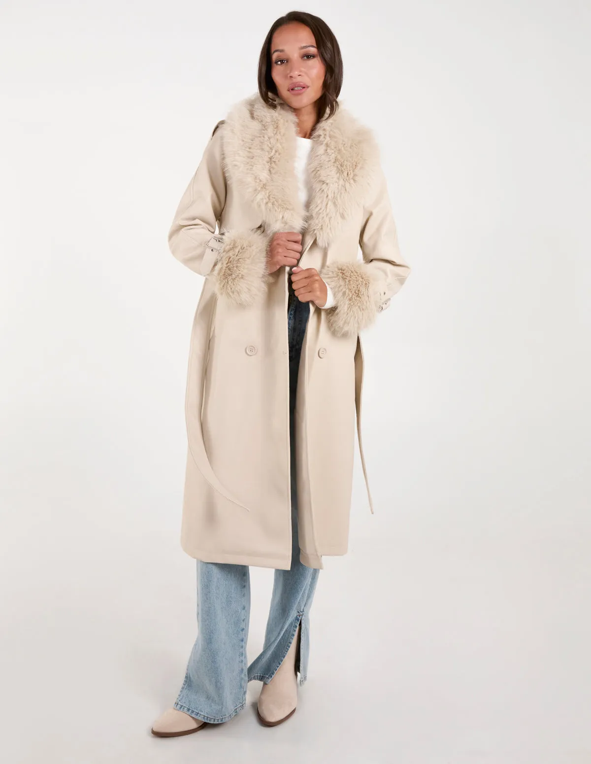 Faux Fur Trim Double Breasted PU Coat