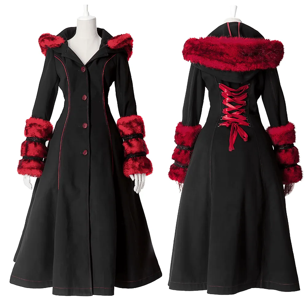 Female Gothic Long Coat with Red Faux Fur Trim