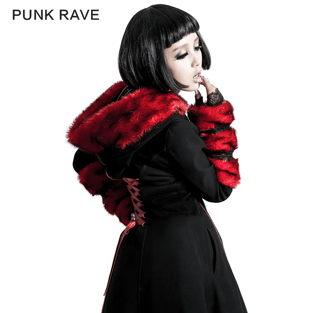 Female Gothic Long Coat with Red Faux Fur Trim