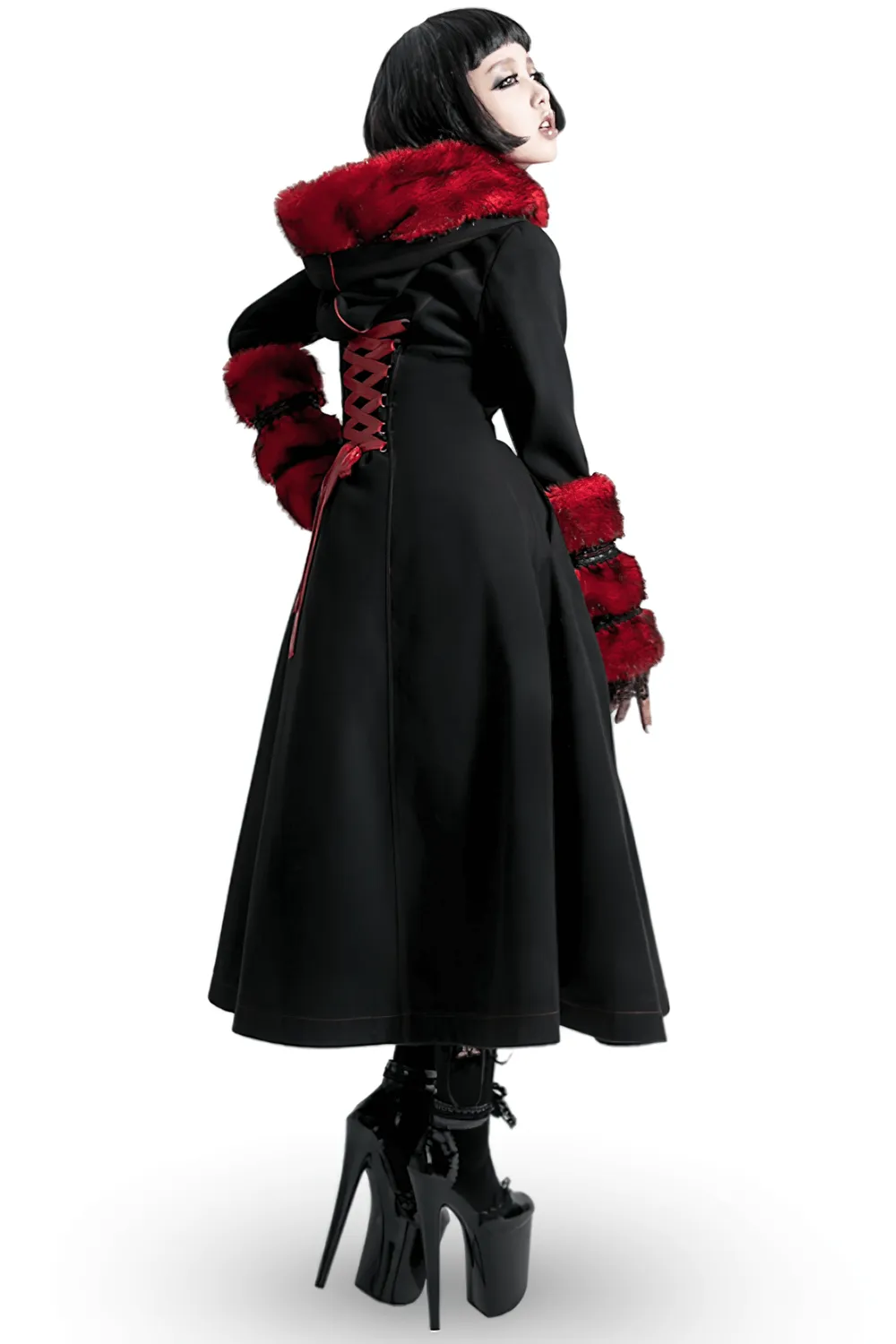 Female Gothic Long Coat with Red Faux Fur Trim