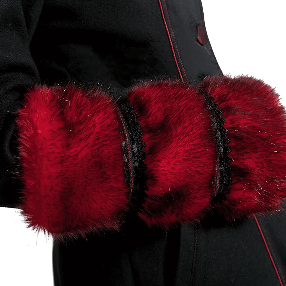 Female Gothic Long Coat with Red Faux Fur Trim