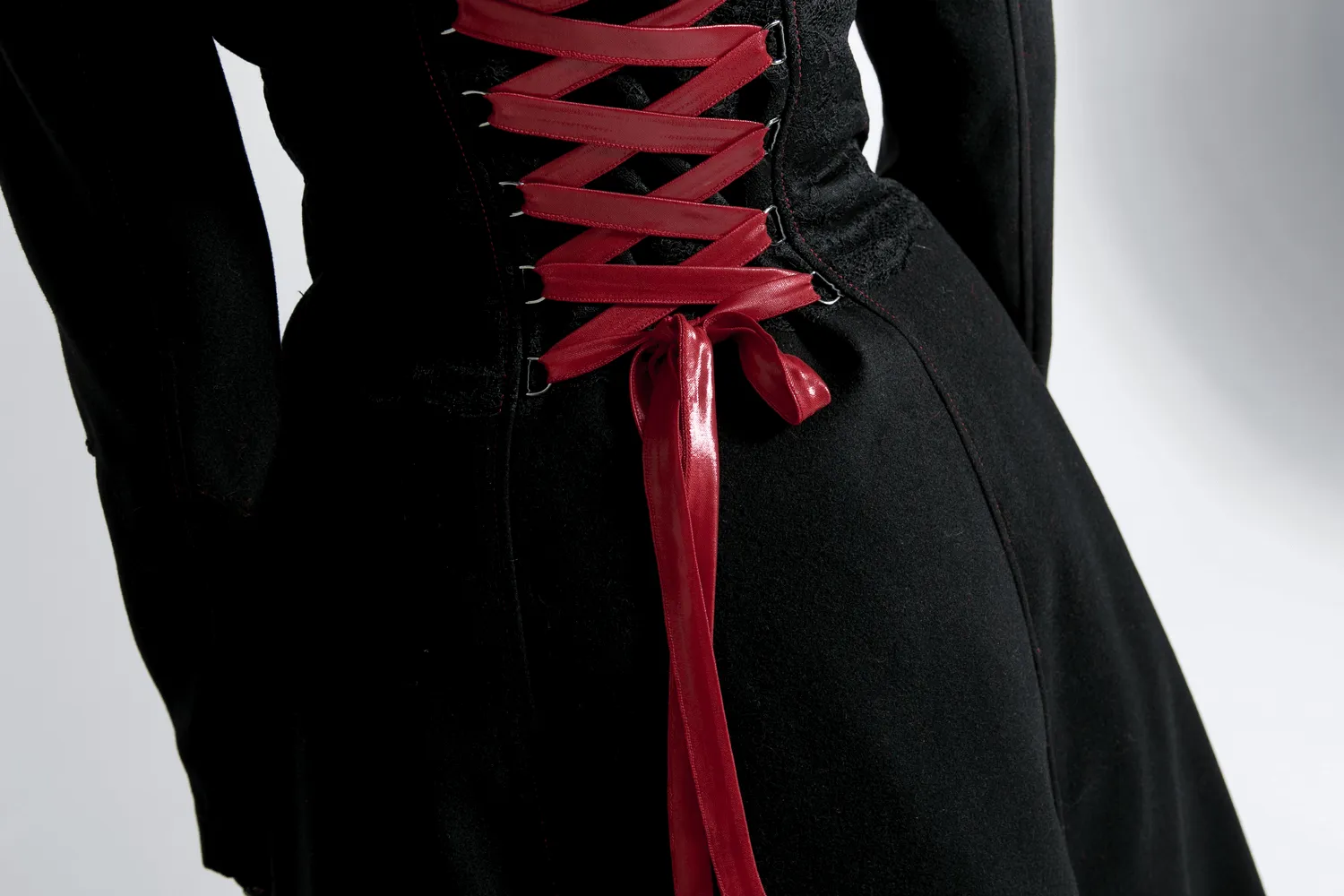 Female Gothic Long Coat with Red Faux Fur Trim