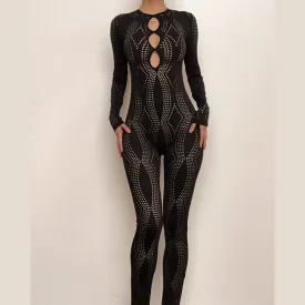 Fishnet hollow out solid long sleeve button backless jumpsuit