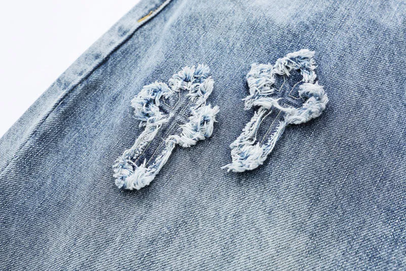 Frayed Cross Patch Denim Jeans